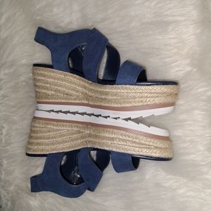 Marc Fisher Size 8.5M Blue Suede & Tan Espadrille Wedges